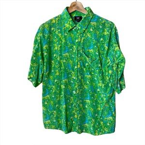 W by Worth Green Yellow Floral Tropical Abstract Silk Button Front Top
